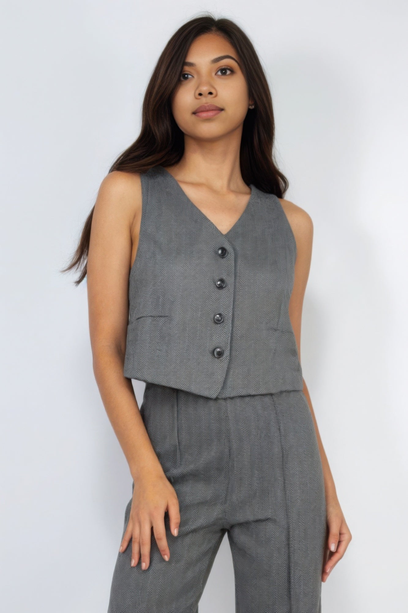 Herringbone V-Neck Buttoned Vest Top – Sleek & Stylish 100% Polyester Vest with Side Pockets, Front Buttons, and a Flattering Waist-Length Fit