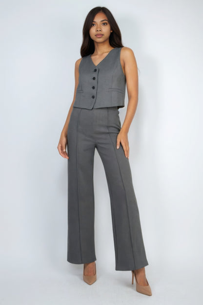 Herringbone V-Neck Buttoned Vest Top – Sleek & Stylish 100% Polyester Vest with Side Pockets, Front Buttons, and a Flattering Waist-Length Fit