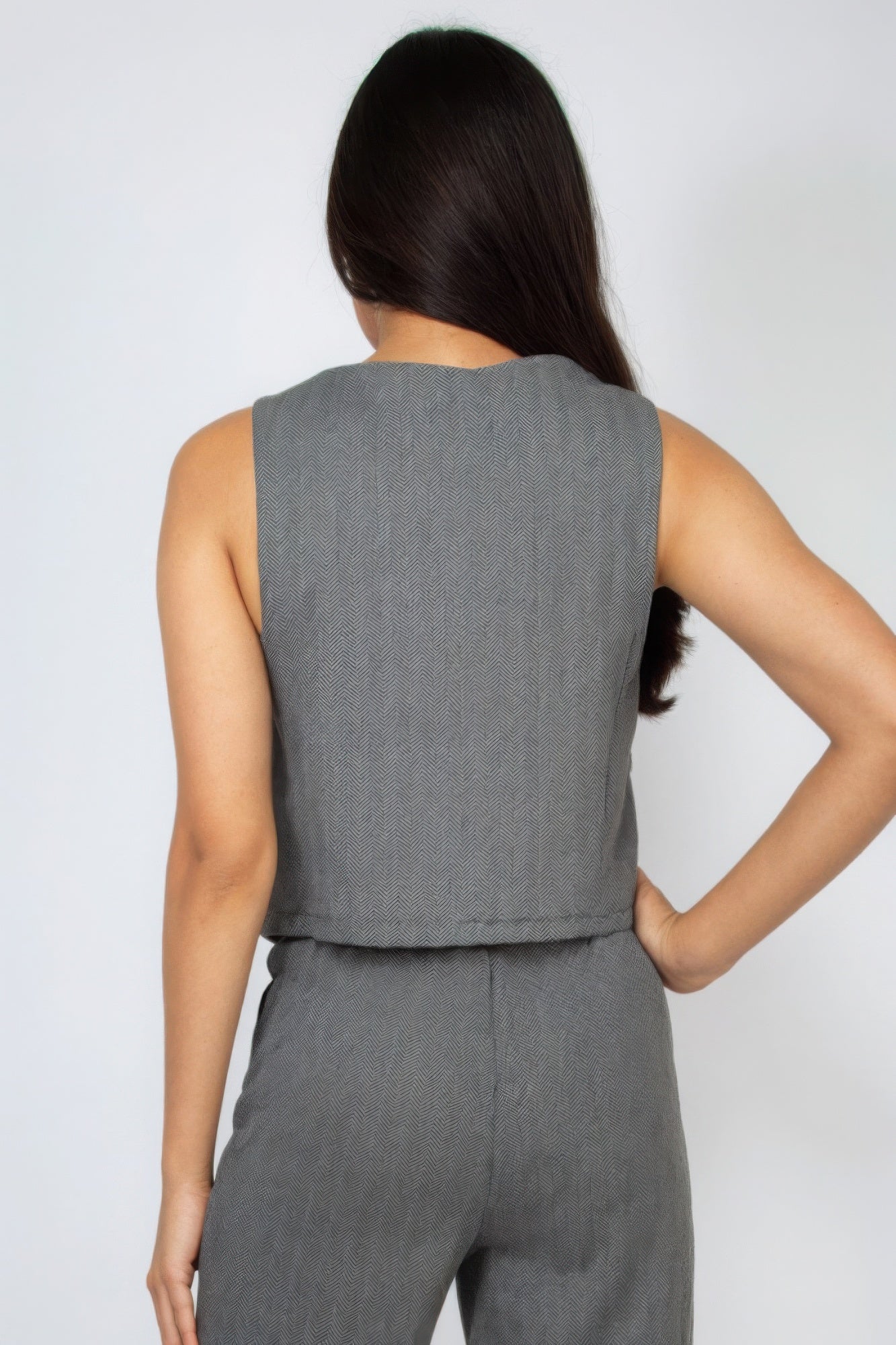 Herringbone V-Neck Buttoned Vest Top – Sleek & Stylish 100% Polyester Vest with Side Pockets, Front Buttons, and a Flattering Waist-Length Fit