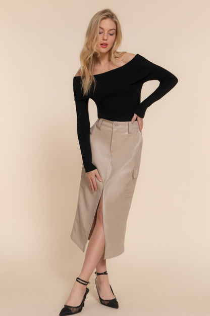 Faux Leather Midi Cargo Skirt in Rich Brown | Stylish & Functional Design for Effortless Elegance