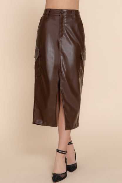 Faux Leather Midi Cargo Skirt in Rich Brown | Stylish & Functional Design for Effortless Elegance