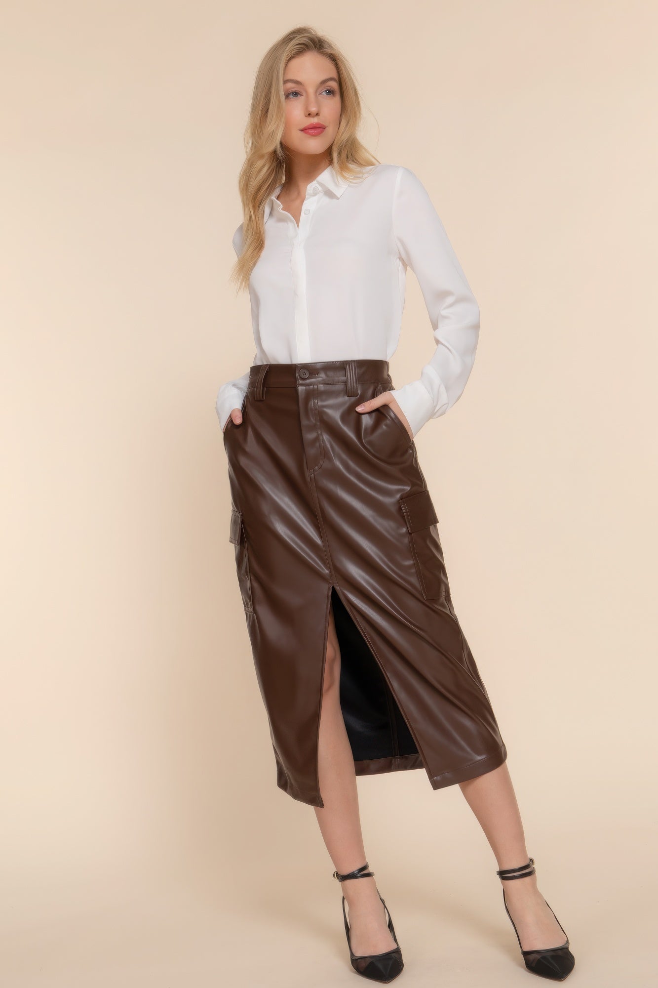 Faux Leather Midi Cargo Skirt in Rich Brown | Stylish & Functional Design for Effortless Elegance