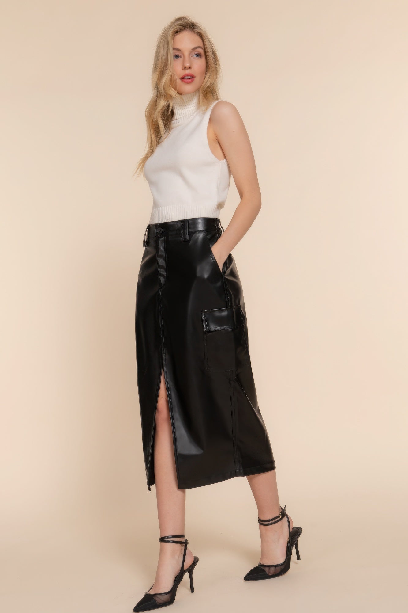 Faux Leather Midi Cargo Skirt in Rich Brown | Stylish & Functional Design for Effortless Elegance