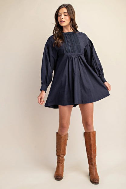 Long Sleeve Lace Detail Mini Dress – Soft Cotton, Romantic Lace Accents & Cozy Fit, Perfect for Cooler Days