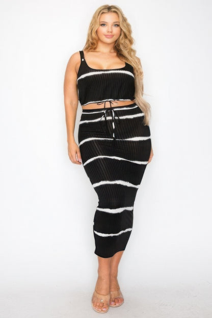 Plus Size Sleeveless Tie-Dye Stripe 2-Piece Skirt Set – Soft Stretch Polyester-Spandex, Includes Sleeveless Top & Midi Skirt, Perfect for Casual Outings, Weekend Events, and Relaxed Gatherings