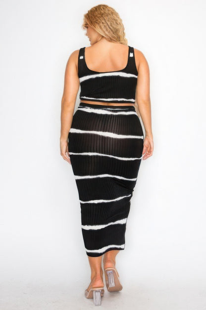 Plus Size Sleeveless Tie-Dye Stripe 2-Piece Skirt Set – Soft Stretch Polyester-Spandex, Includes Sleeveless Top & Midi Skirt, Perfect for Casual Outings, Weekend Events, and Relaxed Gatherings