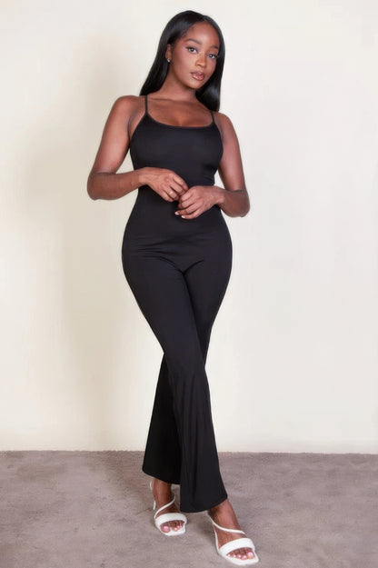 Ribbed Sleeveless Wide-Leg Jumpsuit – Polyester & Spandex, Spaghetti Straps & Flattering Wide-Leg Design, Perfect for Outings & Social Gatherings