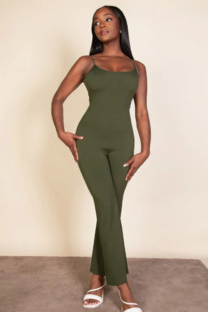 Ribbed Sleeveless Wide-Leg Jumpsuit – Polyester & Spandex, Spaghetti Straps & Flattering Wide-Leg Design, Perfect for Outings & Social Gatherings