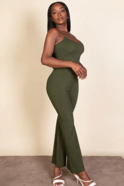 Ribbed Sleeveless Wide-Leg Jumpsuit – Polyester & Spandex, Spaghetti Straps & Flattering Wide-Leg Design, Perfect for Outings & Social Gatherings