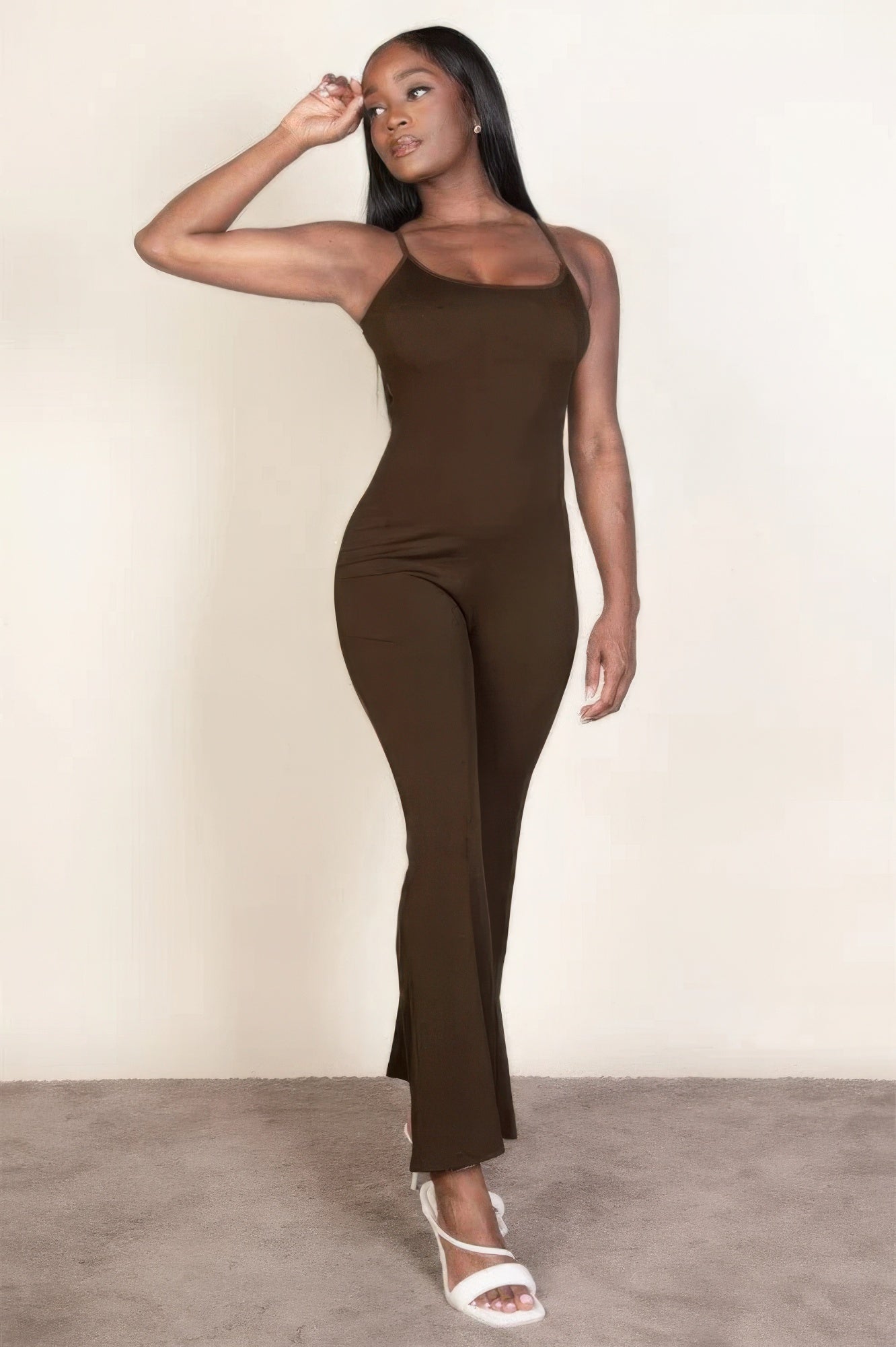 Ribbed Sleeveless Wide-Leg Jumpsuit – Polyester & Spandex, Spaghetti Straps & Flattering Wide-Leg Design, Perfect for Outings & Social Gatherings