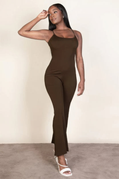 Ribbed Sleeveless Wide-Leg Jumpsuit – Polyester & Spandex, Spaghetti Straps & Flattering Wide-Leg Design, Perfect for Outings & Social Gatherings