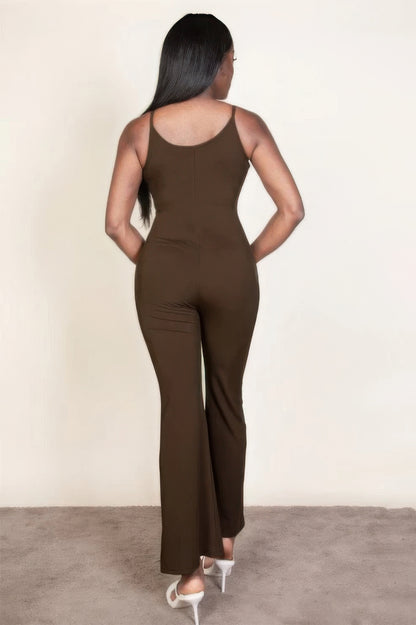 Ribbed Sleeveless Wide-Leg Jumpsuit – Polyester & Spandex, Spaghetti Straps & Flattering Wide-Leg Design, Perfect for Outings & Social Gatherings