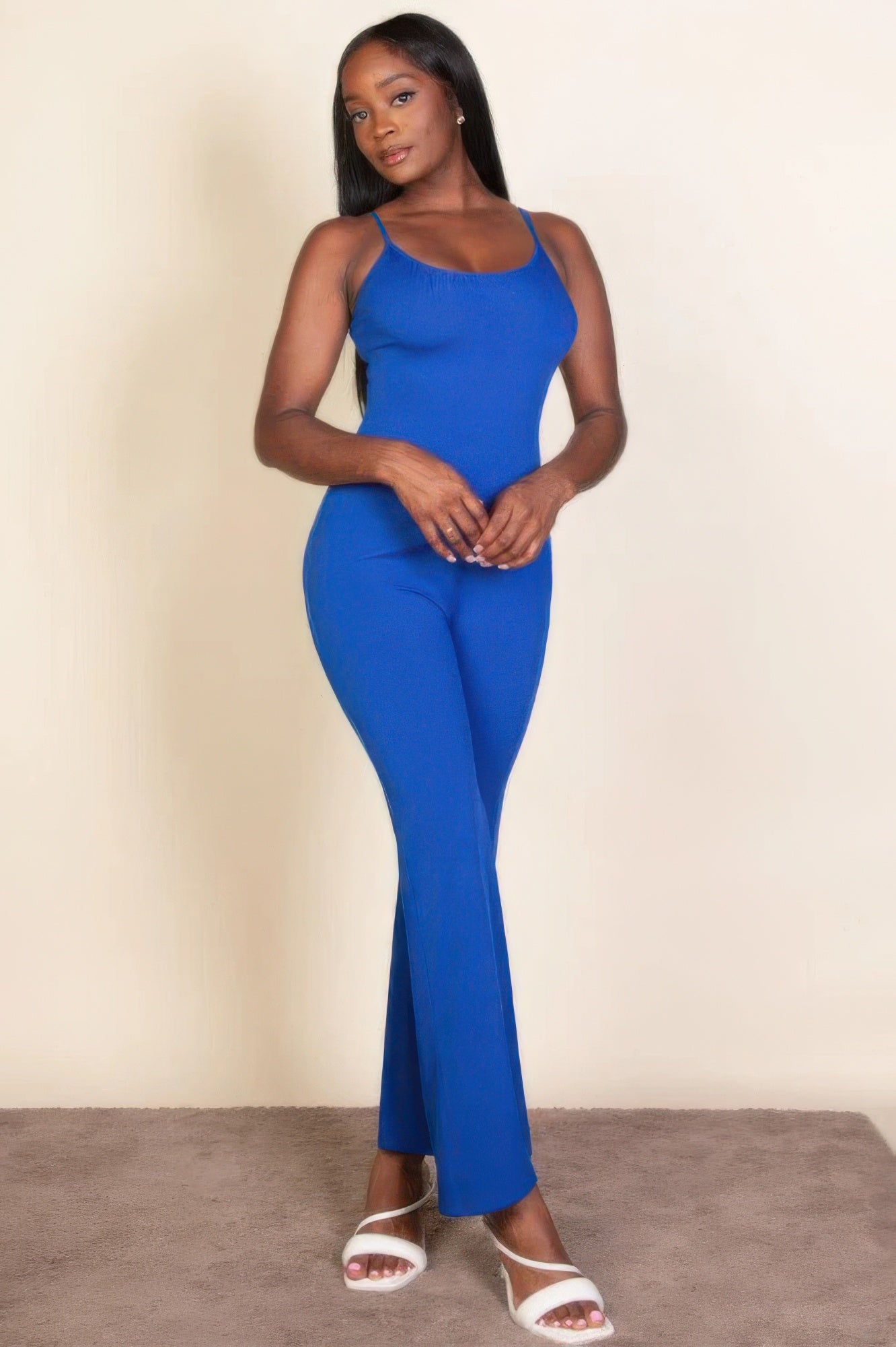 Ribbed Sleeveless Wide-Leg Jumpsuit – Polyester & Spandex, Spaghetti Straps & Flattering Wide-Leg Design, Perfect for Outings & Social Gatherings