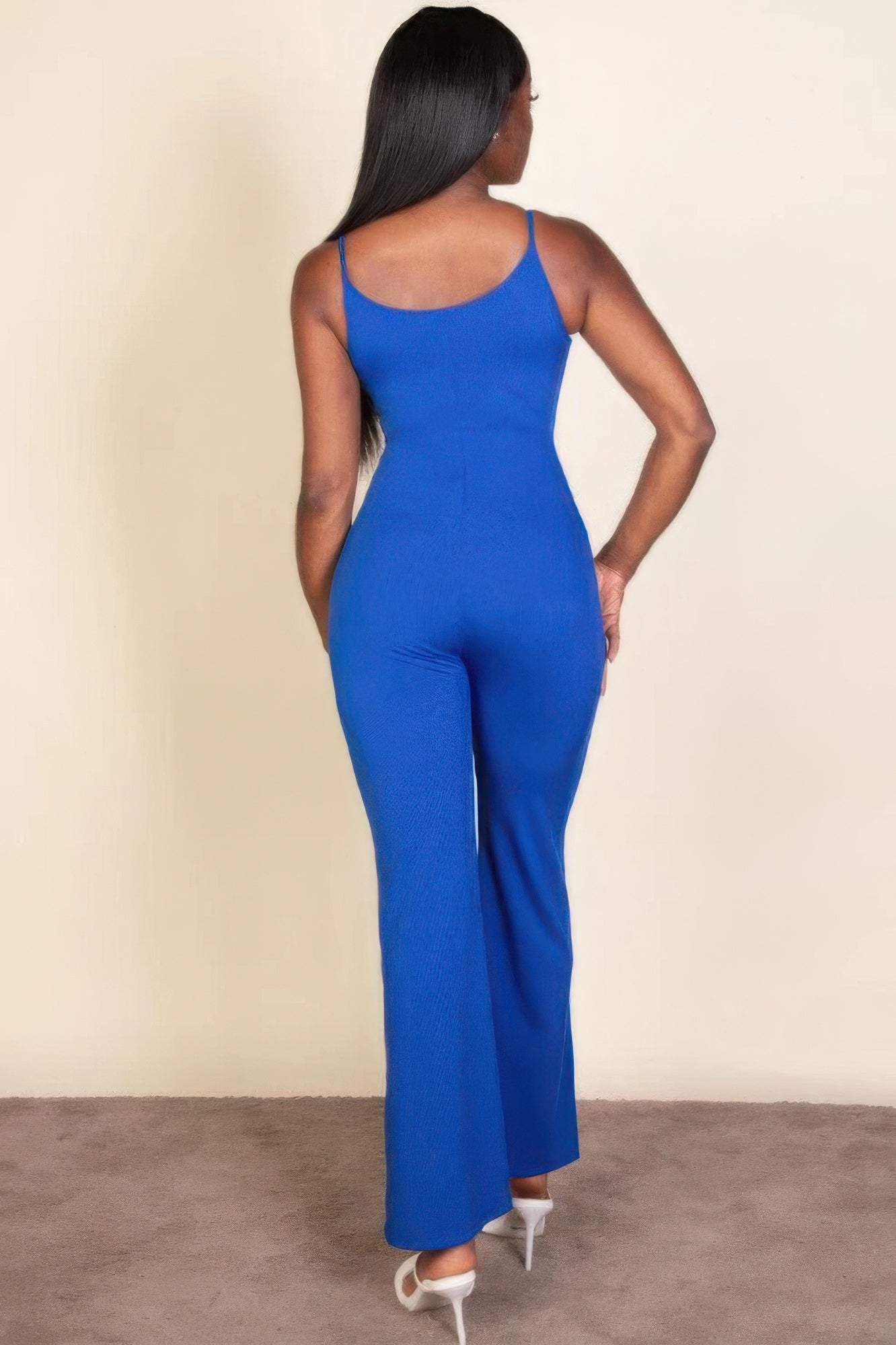 Ribbed Sleeveless Wide-Leg Jumpsuit – Polyester & Spandex, Spaghetti Straps & Flattering Wide-Leg Design, Perfect for Outings & Social Gatherings