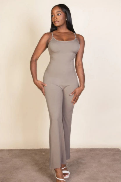 Ribbed Sleeveless Wide-Leg Jumpsuit – Polyester & Spandex, Spaghetti Straps & Flattering Wide-Leg Design, Perfect for Outings & Social Gatherings