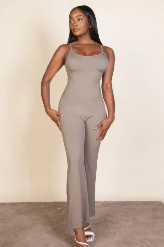 Ribbed Sleeveless Wide-Leg Jumpsuit – Polyester & Spandex, Spaghetti Straps & Flattering Wide-Leg Design, Perfect for Outings & Social Gatherings