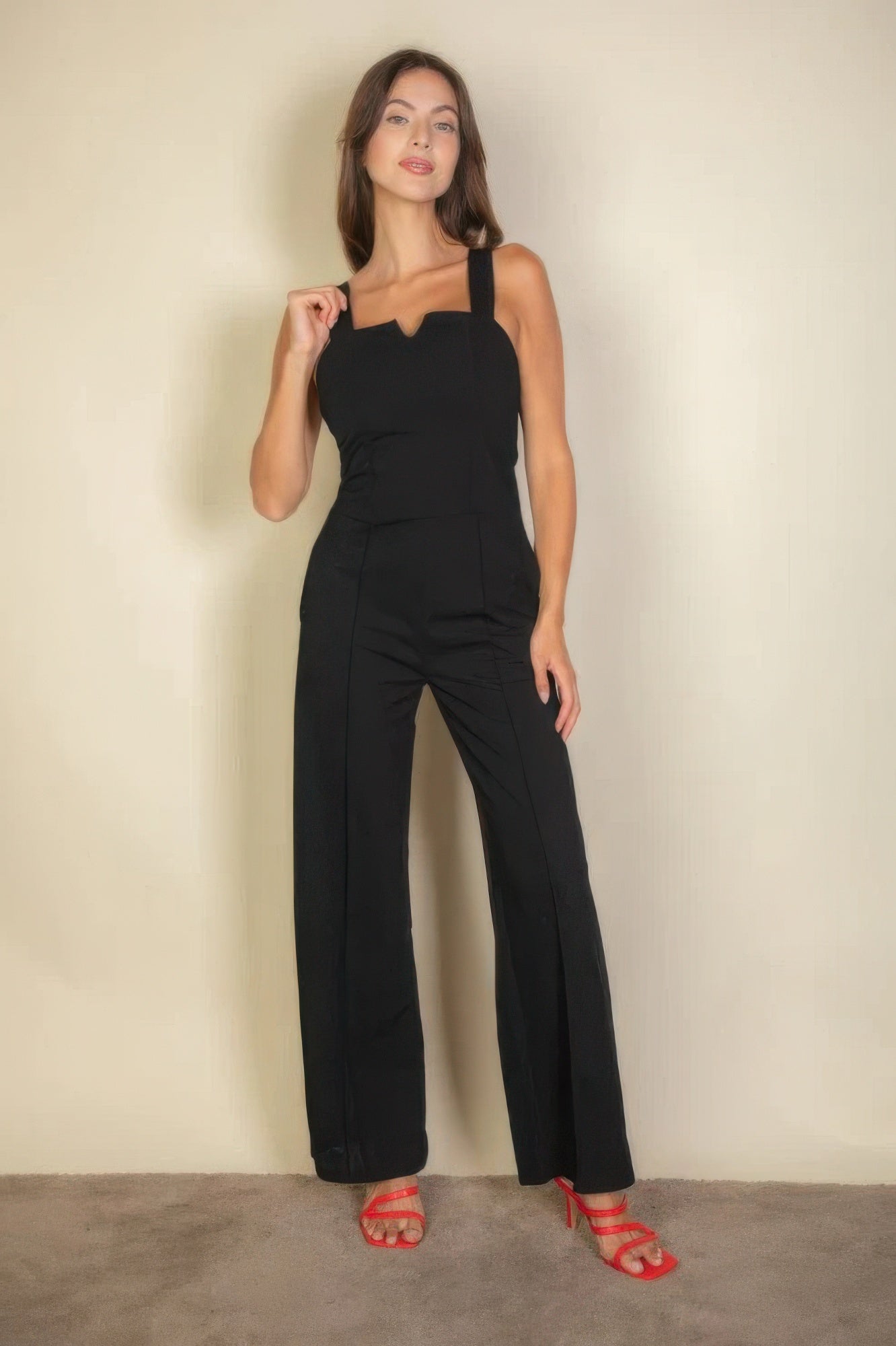 Notched Neck Cami Jumpsuit – Stretchy Polyester & Spandex Blend, Stylish Rust Color, Flattering Tailored Fit for Comfort