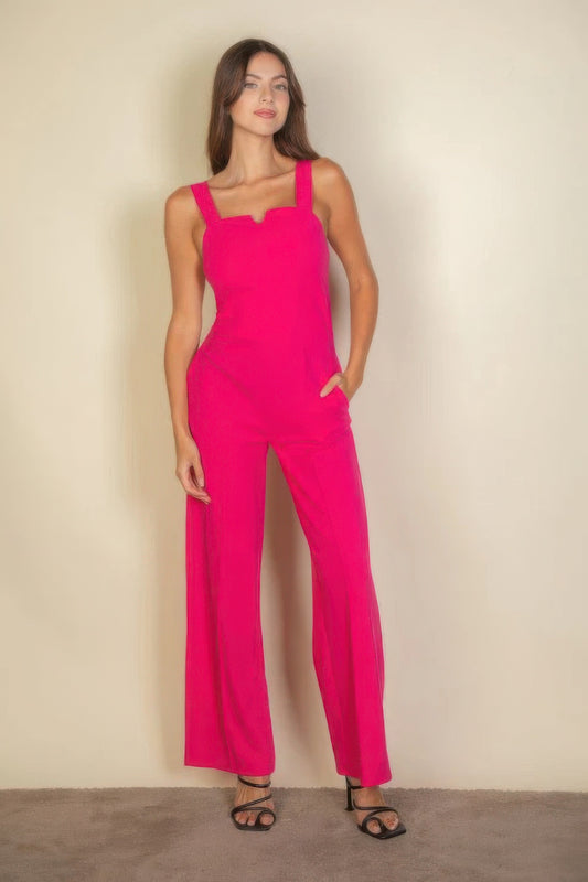 Notched Neck Cami Jumpsuit – Stretchy Polyester & Spandex Blend, Stylish Rust Color, Flattering Tailored Fit for Comfort