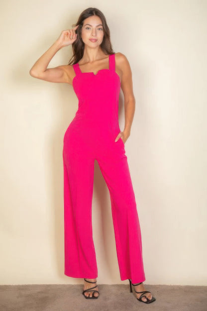 Notched Neck Cami Jumpsuit – Stretchy Polyester & Spandex Blend, Stylish Rust Color, Flattering Tailored Fit for Comfort