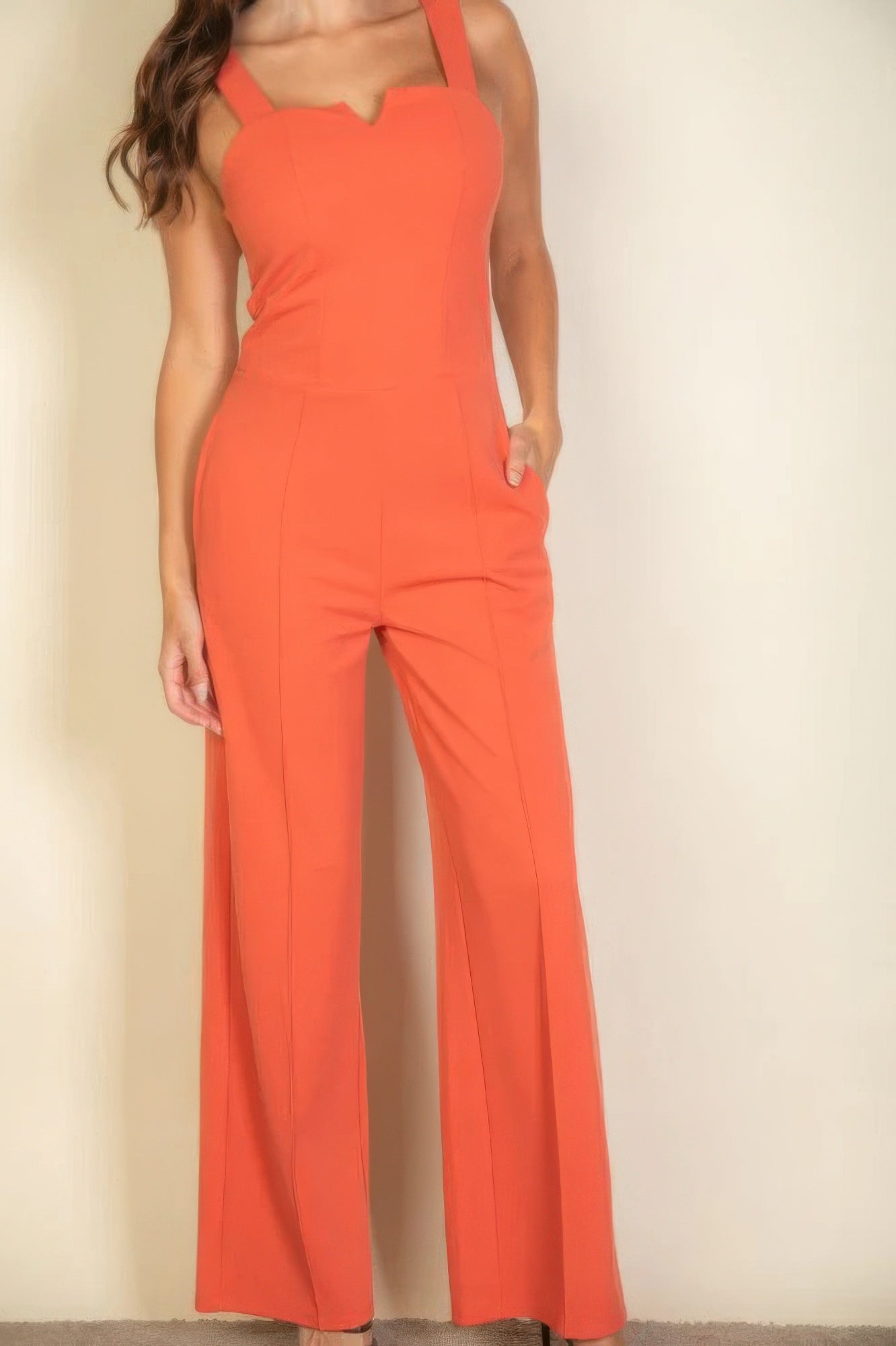 Notched Neck Cami Jumpsuit – Stretchy Polyester & Spandex Blend, Stylish Rust Color, Flattering Tailored Fit for Comfort