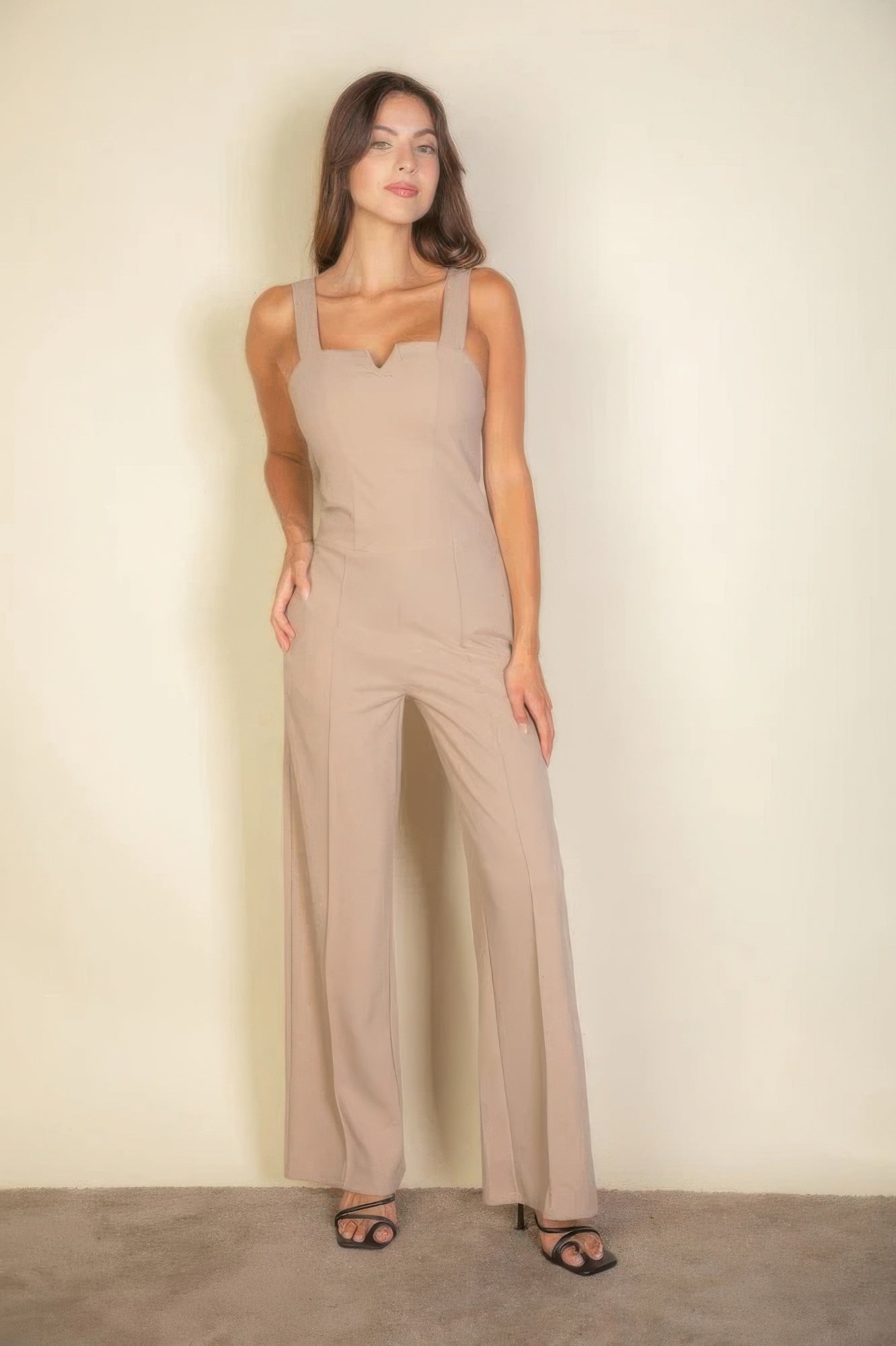 Notched Neck Cami Jumpsuit – Stretchy Polyester & Spandex Blend, Stylish Rust Color, Flattering Tailored Fit for Comfort