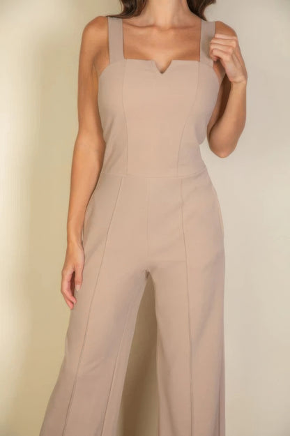 Notched Neck Cami Jumpsuit – Stretchy Polyester & Spandex Blend, Stylish Rust Color, Flattering Tailored Fit for Comfort