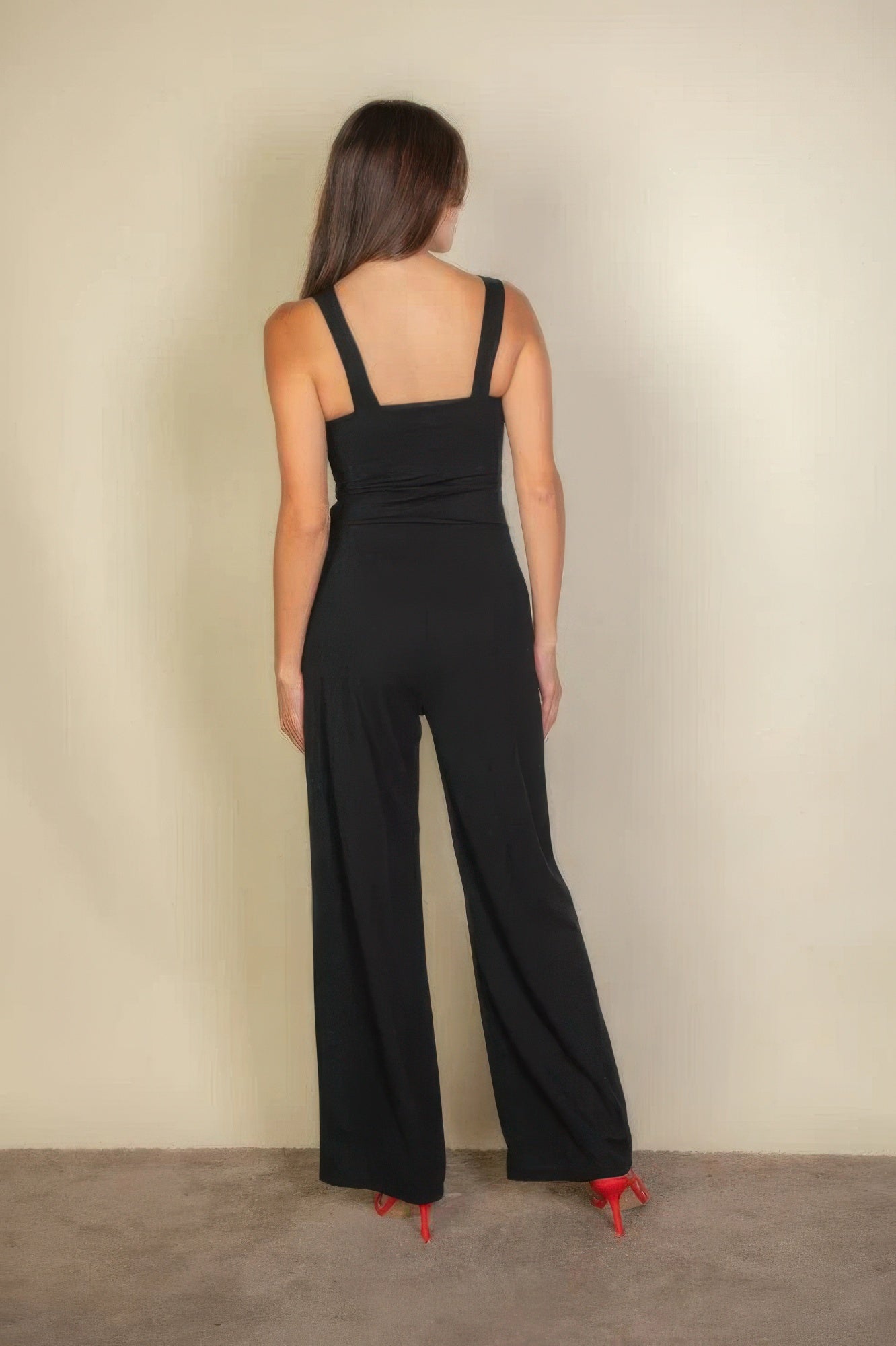 Notched Neck Cami Jumpsuit – Stretchy Polyester & Spandex Blend, Stylish Rust Color, Flattering Tailored Fit for Comfort