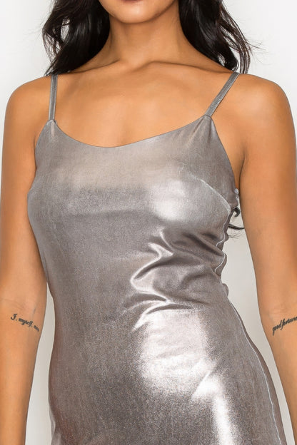 Scoop Neck Foil Mini Dress – Polyester & 4% Spandex, Glamorous Foil Finish for Parties, Evening Events, and Special Occasions