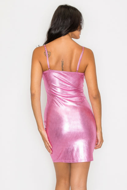 Scoop Neck Foil Mini Dress – Polyester & 4% Spandex, Glamorous Foil Finish for Parties, Evening Events, and Special Occasions