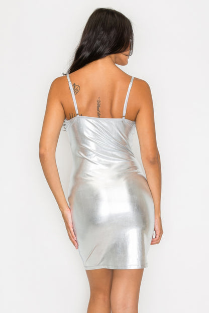 Scoop Neck Foil Mini Dress – Polyester & 4% Spandex, Glamorous Foil Finish for Parties, Evening Events, and Special Occasions