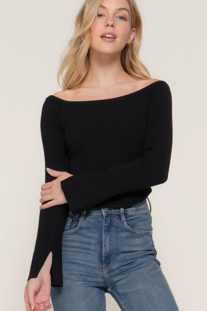 Off-Shoulder Sweater with Long Flare Sleeves & Corset Hem – Soft Viscose-Polyester-Nylon Blend for Comfort & Style