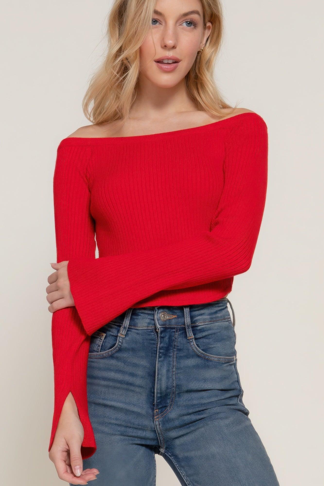 Off-Shoulder Sweater with Long Flare Sleeves & Corset Hem – Soft Viscose-Polyester-Nylon Blend for Comfort & Style