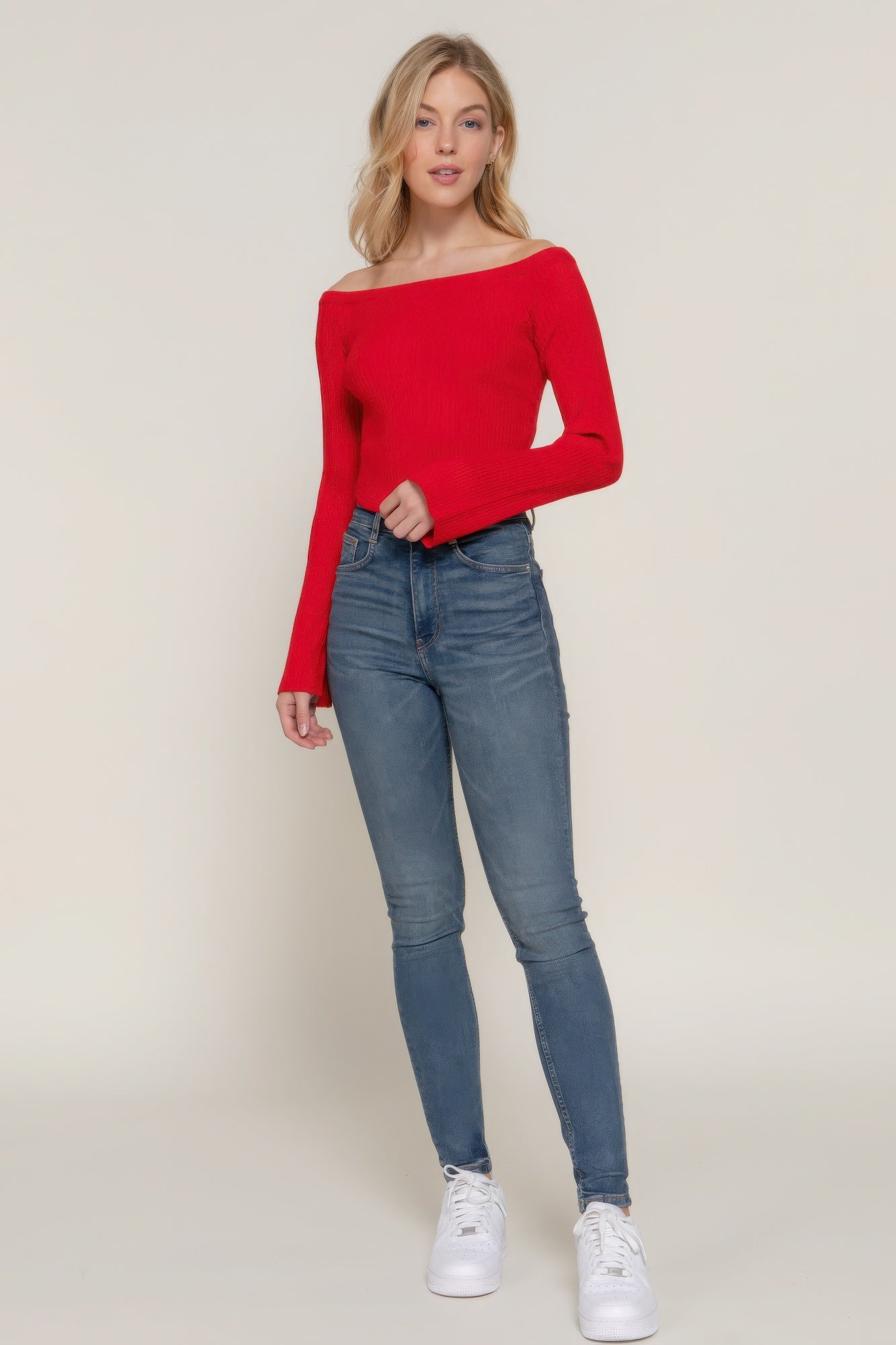 Off-Shoulder Sweater with Long Flare Sleeves & Corset Hem – Soft Viscose-Polyester-Nylon Blend for Comfort & Style