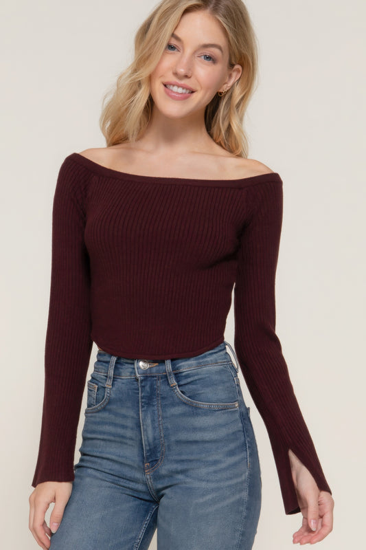 Off-Shoulder Sweater with Long Flare Sleeves & Corset Hem – Soft Viscose-Polyester-Nylon Blend for Comfort & Style