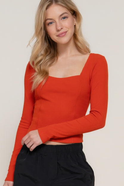 Long Sleeve Sweetheart Neck Knit Top with Seam Detailing – Soft Polyester-Spandex Blend for Elevated Everyday Style