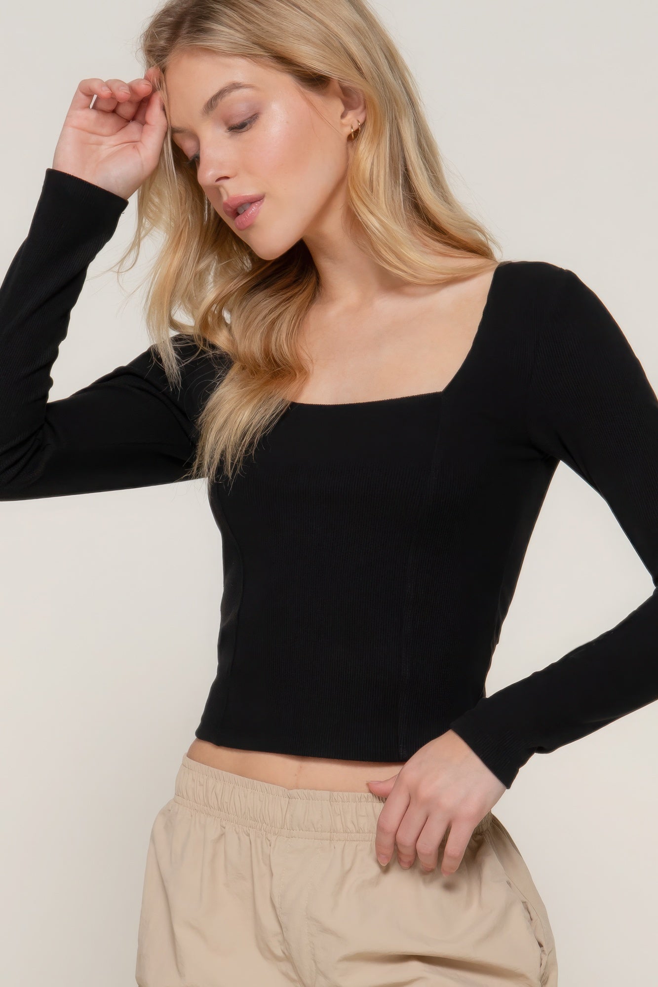 Long Sleeve Sweetheart Neck Knit Top with Seam Detailing – Soft Polyester-Spandex Blend for Elevated Everyday Style