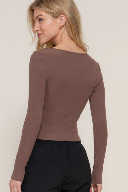 Long Sleeve Sweetheart Neck Knit Top with Seam Detailing – Soft Polyester-Spandex Blend for Elevated Everyday Style