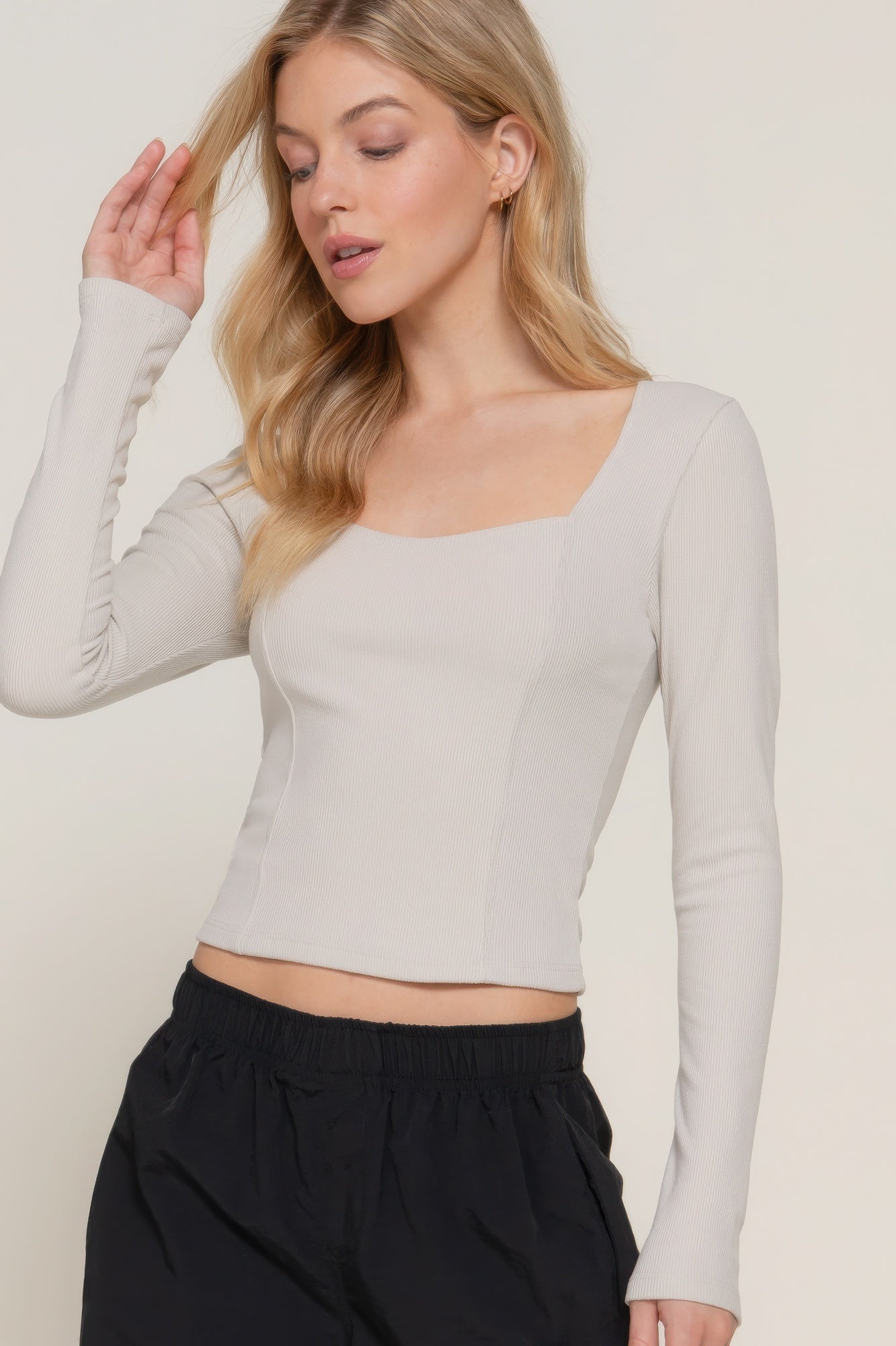 Long Sleeve Sweetheart Neck Knit Top with Seam Detailing – Soft Polyester-Spandex Blend for Elevated Everyday Style