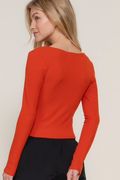 Long Sleeve Sweetheart Neck Knit Top with Seam Detailing – Soft Polyester-Spandex Blend for Elevated Everyday Style