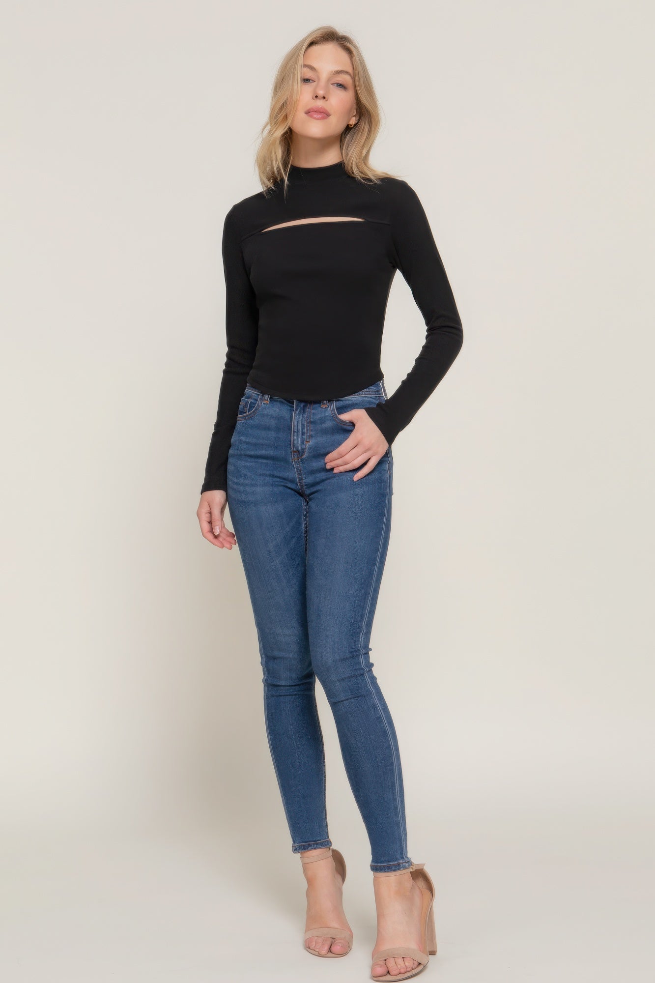 Long Sleeve Mock Neck Keyhole Rib Knit Top – Soft Brushed Polyester-Spandex Blend, Chic & Stylish for Layering or Solo Wear