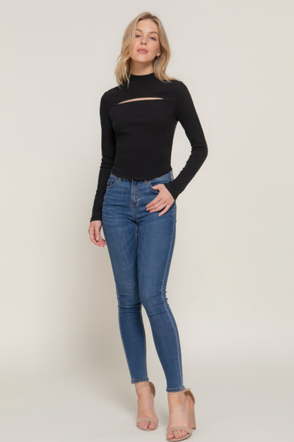 Long Sleeve Mock Neck Keyhole Rib Knit Top – Soft Brushed Polyester-Spandex Blend, Chic & Stylish for Layering or Solo Wear