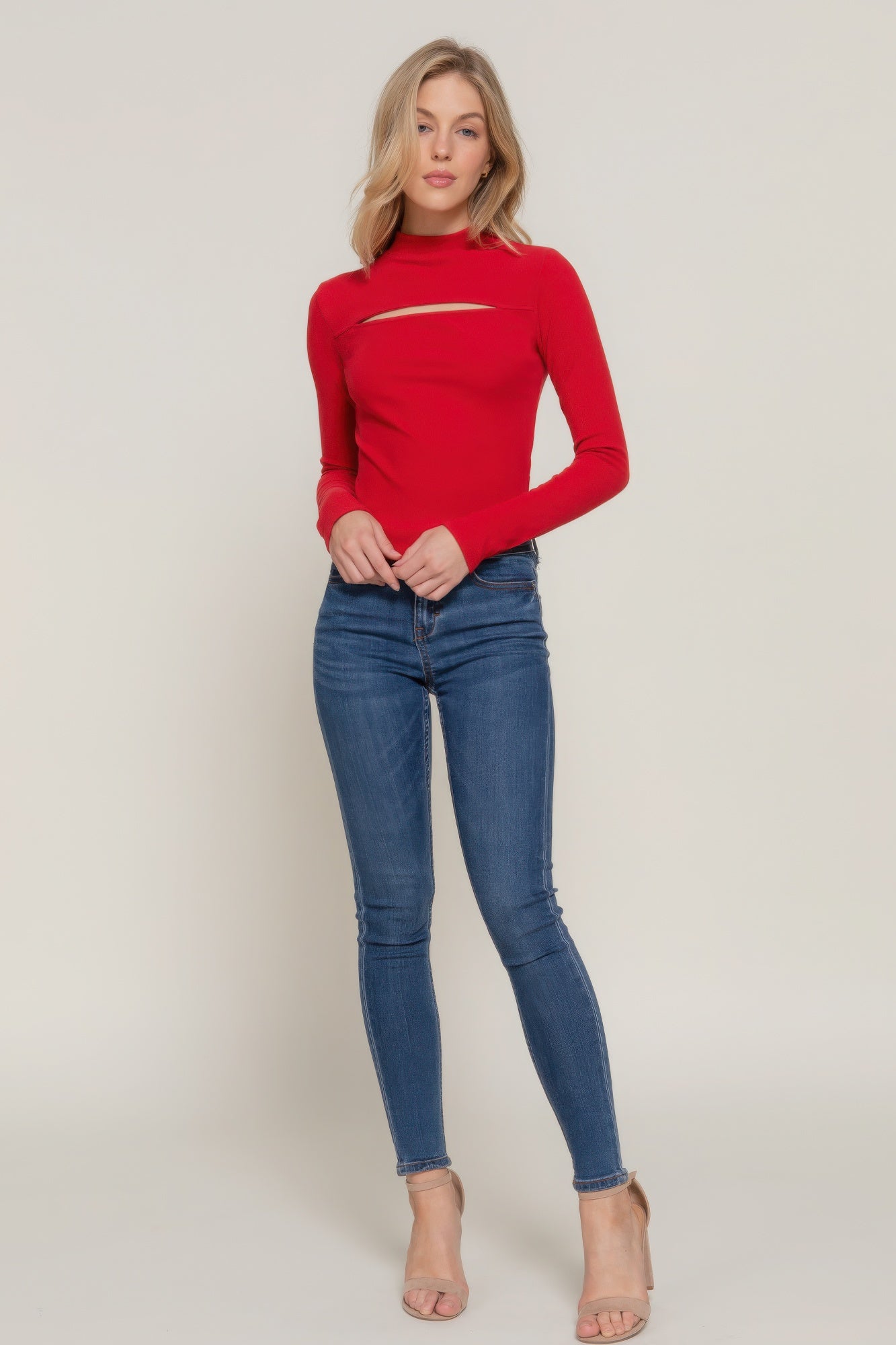 Long Sleeve Mock Neck Keyhole Rib Knit Top – Soft Brushed Polyester-Spandex Blend, Chic & Stylish for Layering or Solo Wear