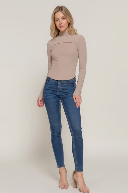 Long Sleeve Mock Neck Keyhole Rib Knit Top – Soft Brushed Polyester-Spandex Blend, Chic & Stylish for Layering or Solo Wear