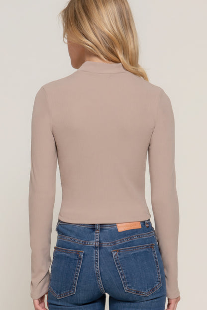 Long Sleeve Mock Neck Keyhole Rib Knit Top – Soft Brushed Polyester-Spandex Blend, Chic & Stylish for Layering or Solo Wear