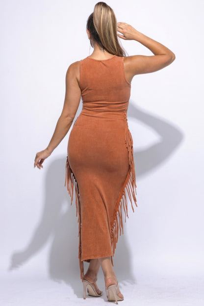 Fringe Cut-Out Maxi Dress for Women – Bold Design, Soft Stretch Comfort, Perfect Fit with 95% Cotton and 5% Spandex Blend