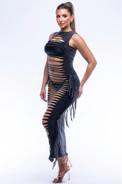 Fringe Cut-Out Maxi Dress for Women – Bold Design, Soft Stretch Comfort, Perfect Fit with 95% Cotton and 5% Spandex Blend