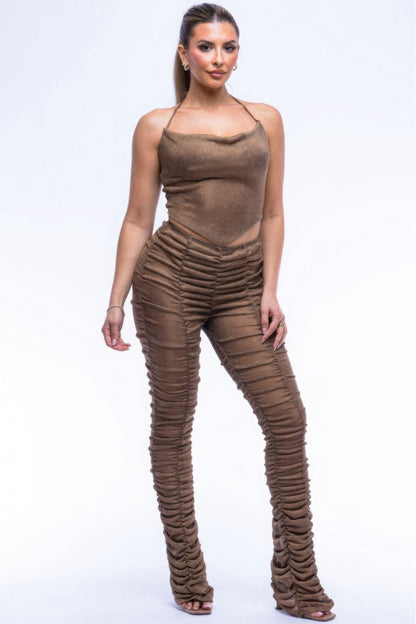 Halter Top & Ruched Pants Set – Shimmering Stretch Blend with Trendy Textured Detailing for a Flattering, Fashion-Forward Look