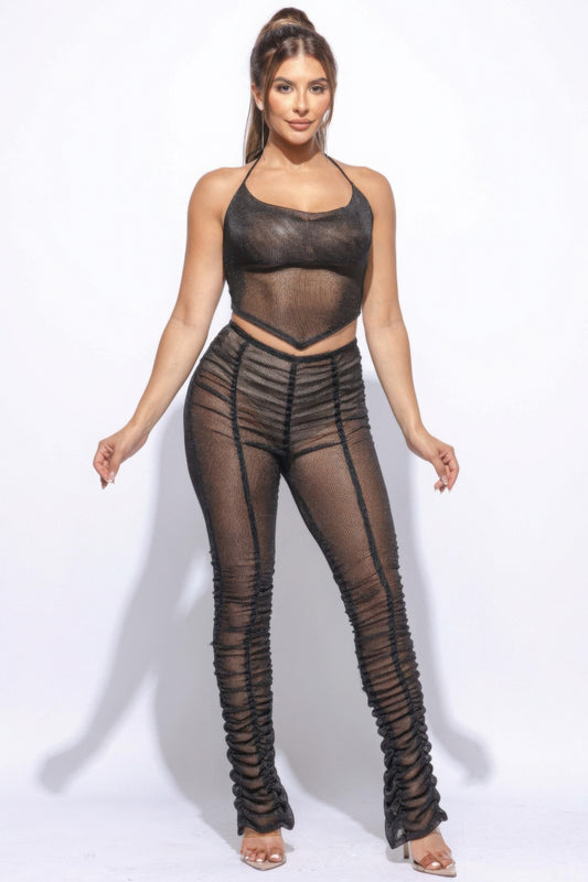 Halter Top & Ruched Pants Set – Shimmering Stretch Blend with Trendy Textured Detailing for a Flattering, Fashion-Forward Look