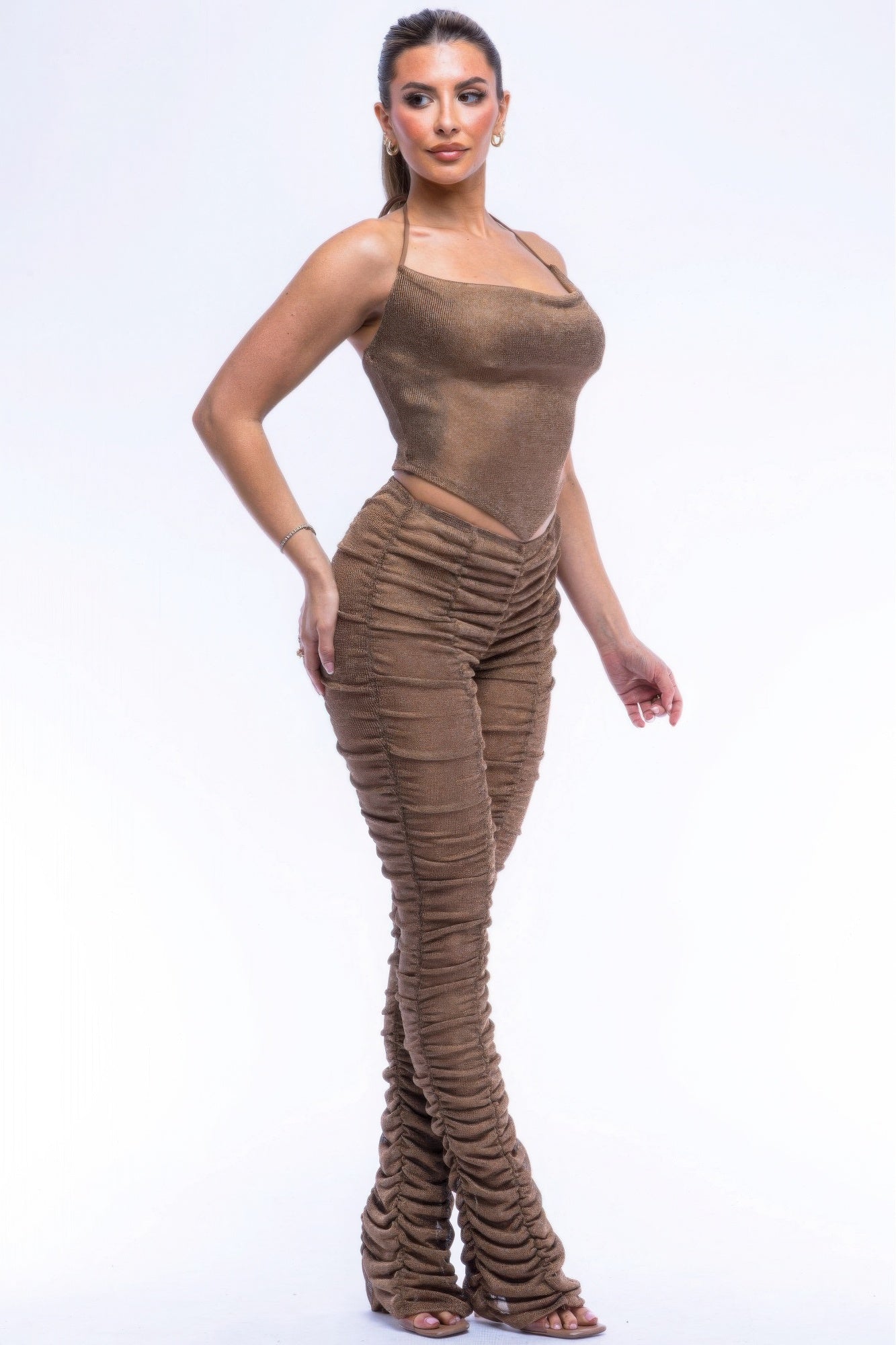 Halter Top & Ruched Pants Set – Shimmering Stretch Blend with Trendy Textured Detailing for a Flattering, Fashion-Forward Look