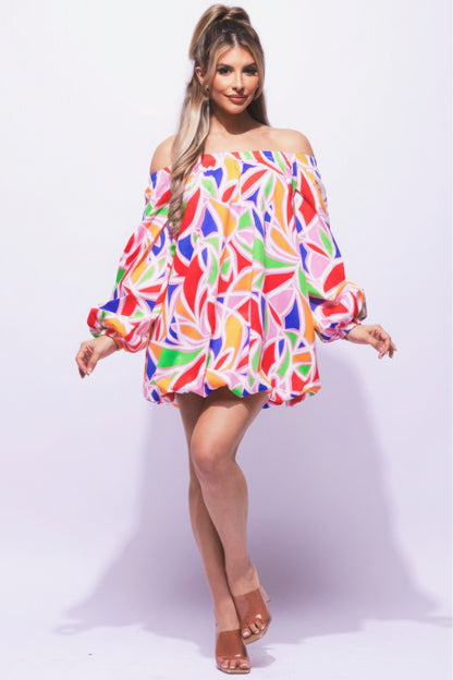 Off-Shoulder Bubble Mini Dress – Polyester & Spandex Blend, Long Sleeves, Playful Bubble Hem, Perfect for Casual Outings & Special Occasions